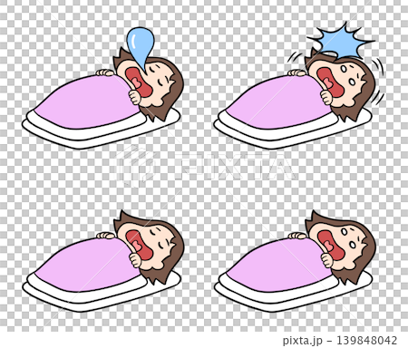A set of comical illustrations depicting a woman sleeping with a bubble in her nose, then waking up in surprise when it bursts. 139848042