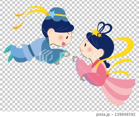 一幅描繪織姬和牛郎重逢時歡欣雀躍的插圖。 一幅描繪織姬和牛郎重逢時歡欣雀躍的插圖。 139848592