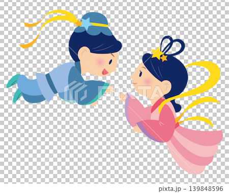 An illustration of Orihime and Hikoboshi rejoicing at their reunion. 139848596