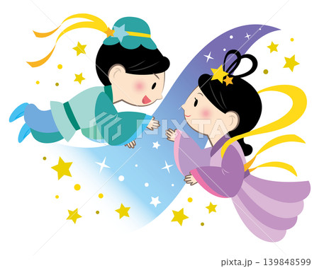 再会を喜ぶ織姫と彦星のイラスト	 139848599