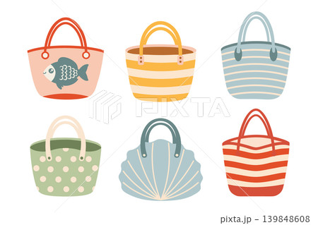 Set of hand drawn beach bags icons. Illustration of summer bags with seashells, fish and striped patterns. Set of hand drawn beach bags icons. Illustration of summer bags with seashells, fish and striped patterns. 139848608