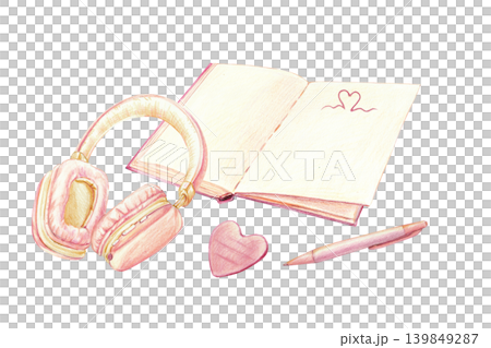 Headphones, pen, and notebook in pastel shades. A cozy pencil illustration for self-care design, events, and meetings. Headphones, pen, and notebook in pastel shades. A cozy pencil illustration for self-care design, events, and meetings. 139849287