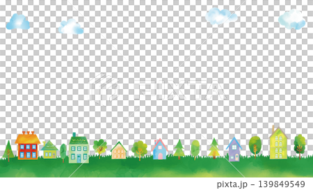 水彩風 ほのぼの緑の丘の家々と木々の風景(16:9) 139849549