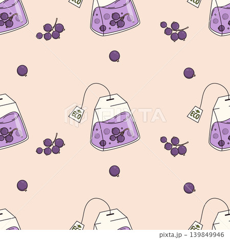 Black Currant Eco Tea Bag Seamless Pattern. Soft Pink Botanical Background with Homemade Healthy Herbal Brew. Vector Illustration for Healthy Family Beverage. Rustic Fruit Infusion Design. Black Currant Eco Tea Bag Seamless Pattern. Soft Pink Botanical Background with Homemade Healthy Herbal Brew. Vector Illustration for Healthy Family Beverage. Rustic Fruit Infusion Design. 139849946