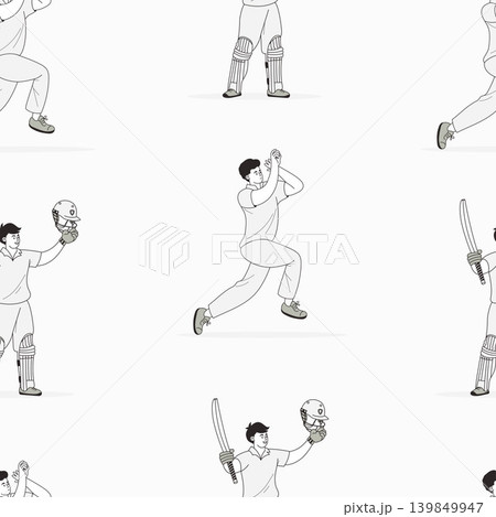 Cricket Players Seamless Pattern. Bowler Throwing Ball And Batsman Celebrating Victory On White Background. Vector Illustration. Sport, Tournament, Championship Wallpaper. 139849947