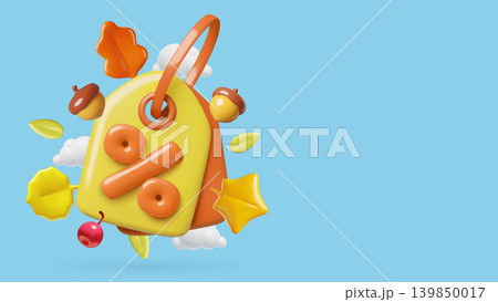 3D price tag with autumn leaves and big percentage sign fall season sale concept 139850017