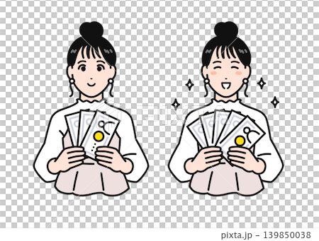 臨時収入とまとめ髪の若い女性のシンプルなベクターイラストセット素材 臨時収入とまとめ髪の若い女性のシンプルなベクターイラストセット素材 139850038