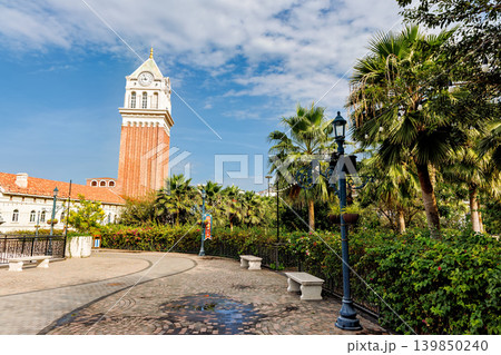 Phu Quoc, Vietnam - January 3 2026: Mediterranean clock tower square in Sunset Town Phu Quoc 139850240