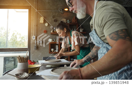 A happy couple makes ceramic plates in a workshop A happy couple makes ceramic plates in a workshop 139851948