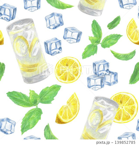 Hand drawn seamless pattern with a glass of lemonade, ice cubes, mint leaves and a half of a lemon. Yellow lemon, green mint leaves and ice cubes on a white background for graphic design. Hand drawn seamless pattern with a glass of lemonade, ice cubes, mint leaves and a half of a lemon. Yellow lemon, green mint leaves and ice cubes on a white background for graphic design. 139852785
