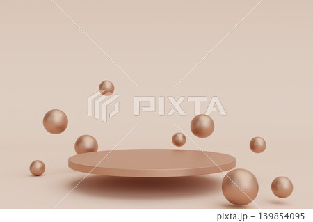 A podium is shown with several spheres placed around it. This 3D render highlights a presentation layout for showcasing products. The scene uses a simple color scheme 139854095