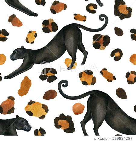 Seamless animal background. Panther with leopard spots. Hand-drawn watercolor illustration isolated on a white background. Watercolor wild cat illustration for textile design, wallpaper Seamless animal background. Panther with leopard spots. Hand-drawn watercolor illustration isolated on a white background. Watercolor wild cat illustration for textile design, wallpaper 139854287