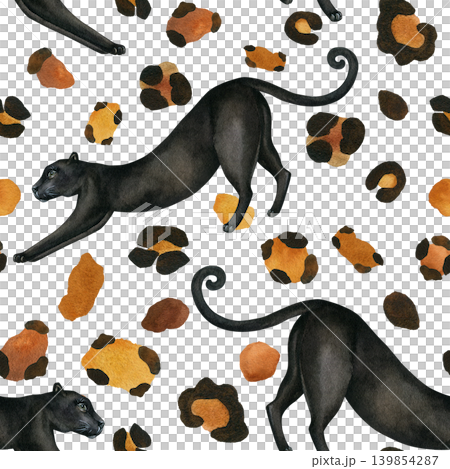 Seamless animal background. Panther with leopard spots. Hand-drawn watercolor illustration isolated on a white background. Watercolor wild cat illustration for textile design, wallpaper Seamless animal background. Panther with leopard spots. Hand-drawn watercolor illustration isolated on a white background. Watercolor wild cat illustration for textile design, wallpaper 139854287