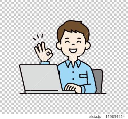 笑顔で了解のサインをする、コンピューターを操作する個人事業主の上半身ベクターイラスト素材 笑顔で了解のサインをする、コンピューターを操作する個人事業主の上半身ベクターイラスト素材 139854424