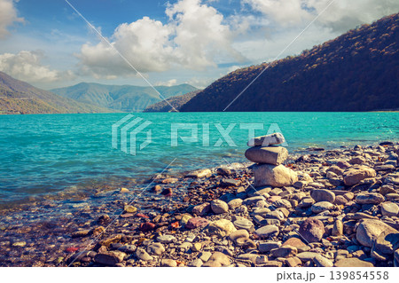 Mountain Lake. Beautiful autumn panoramic view of Zhinvali reservoir in Georgia country, Europe 139854558