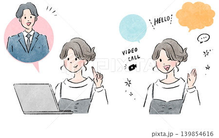 ノートパソコンを使って男性とオンラインで会話する女性のイラスト ノートパソコンを使って男性とオンラインで会話する女性のイラスト 139854616