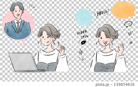 ノートパソコンを使って男性とオンラインで会話する女性のイラスト ノートパソコンを使って男性とオンラインで会話する女性のイラスト 139854616