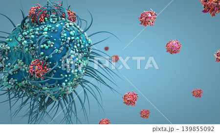 Dendritic cell of the human immune system attaching to a virus particle to present its antigen - 3d illustration Dendritic cell of the human immune system attaching to a virus particle to present its antigen - 3d illustration 139855092