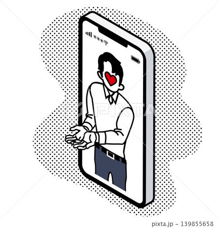 両手を伸ばして金銭を要求するスマホの中の男性詐欺師　アイソメトリック 139855658