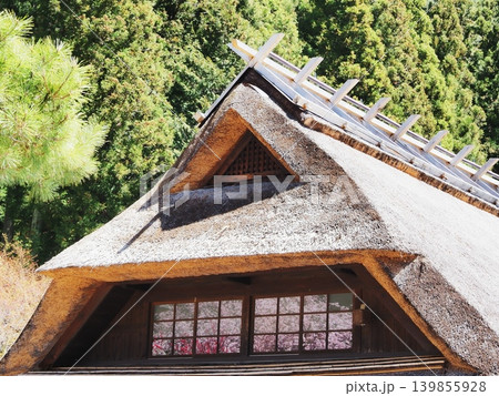 山梨県　茅葺き屋根と窓に映りこんだ満開の桜　4月 139855928