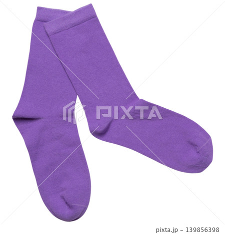 Pair of thin purple lilac cotton socks, flat lay isolated on white background, top view Pair of thin purple lilac cotton socks, flat lay isolated on white background, top view 139856398
