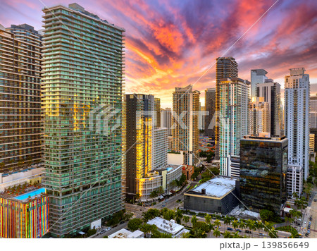 Miami, Florida, USA. Aerial view of American downtown office district at sunset. High commercial and residential skyscraper buildings in modern US city 139856649