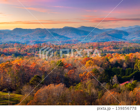 Fall season in Appalachian mountains with dense forest canopies at sunset. Colorful woodland landscape in autumn. 139856778