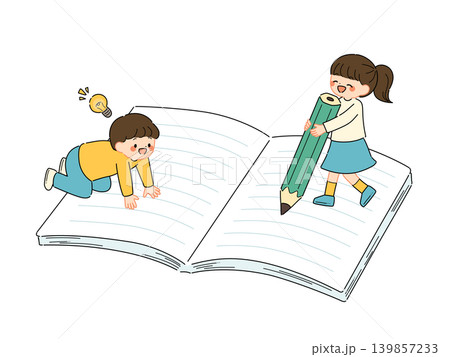 大きなノートの上で勉強する子どもたちのイラスト(ポップカラー) 大きなノートの上で勉強する子どもたちのイラスト(ポップカラー) 139857233