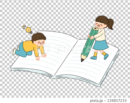 大きなノートの上で勉強する子どもたちのイラスト(ポップカラー) 大きなノートの上で勉強する子どもたちのイラスト(ポップカラー) 139857233