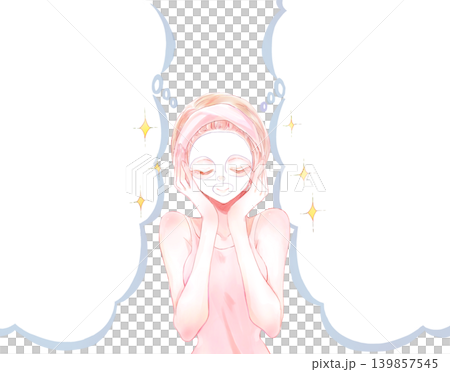 Woman applying a face mask; sparkling; cloud-shaped speech bubble. Woman applying a face mask; sparkling; cloud-shaped speech bubble. 139857545