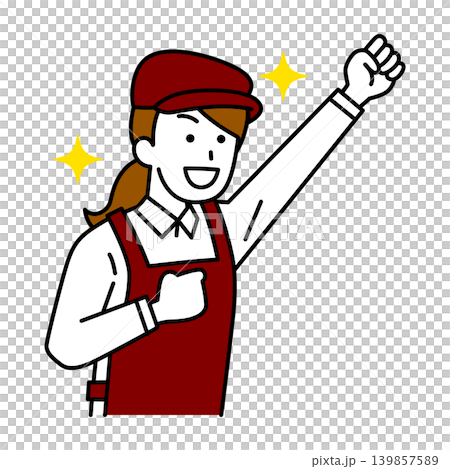 A female cafe employee celebrates with a fist pump. A female cafe employee celebrates with a fist pump. 139857589