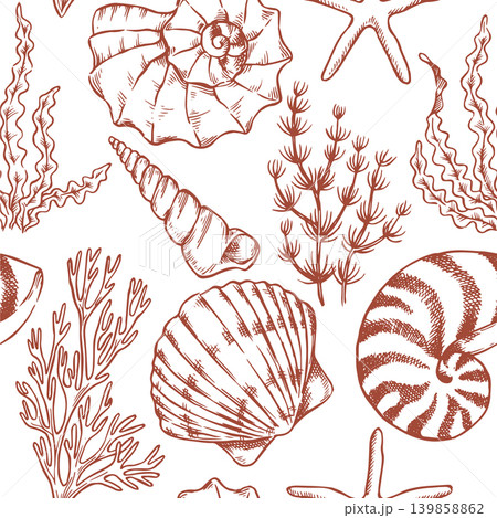 Underwater world. Seamless pattern of shells and seaweed. Vector illustration in sketch style. 139858862