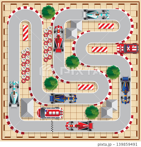 Speedway with cars. View from above. Vector illustration. Speedway with cars. View from above. Vector illustration. 139859491