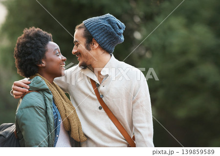 Campus, park and happy interracial couple together with hug, bag and morning commute to university with love. College, students and romance in nature, man and woman with diversity, mockup and embrace Campus, park and happy interracial couple together with hug, bag and morning commute to university with love. College, students and romance in nature, man and woman with diversity, mockup and embrace 139859589
