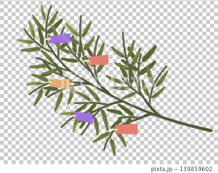 An illustration of a bamboo leaf decorated with colorful strips of paper for Tanabata (Star Festival). An illustration of a bamboo leaf decorated with colorful strips of paper for Tanabata (Star Festival). 139859602