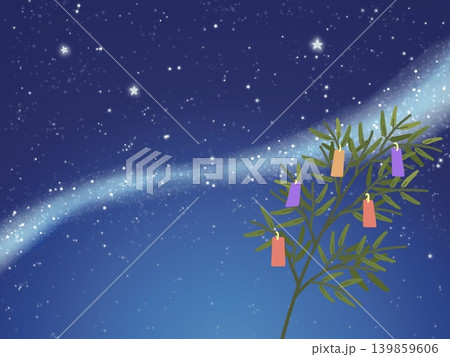 七夕の天の川と笹飾りの夜空背景イラスト 七夕の天の川と笹飾りの夜空背景イラスト 139859606