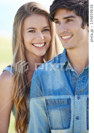 Couple, weekend and smile in nature, love and care in relationship on outdoor date. Happy people, together and relax on holiday or vacation, bonding and romance on adventure and travel for getaway 139859638