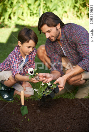 Dad, son and garden in backyard by soil to plant flowers, teach and show to implant in dirt for floral bed. Parent, kid and lawn in yard by nature to bond in sun, together and learn gardening Dad, son and garden in backyard by soil to plant flowers, teach and show to implant in dirt for floral bed. Parent, kid and lawn in yard by nature to bond in sun, together and learn gardening 139859685