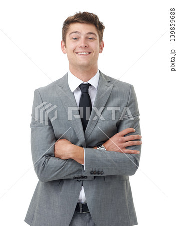Portrait, smile and arms crossed with business man in studio isolated on white background for career. Corporate, professional and confident with happy young employee in suit for ambition or pride Portrait, smile and arms crossed with business man in studio isolated on white background for career. Corporate, professional and confident with happy young employee in suit for ambition or pride 139859688