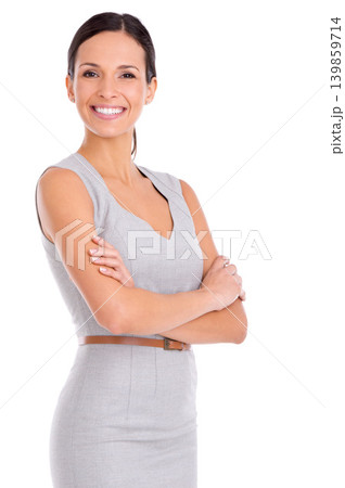 Portrait, smile and business woman with arms crossed in studio isolated on a white background. Confidence, professional and happy consultant, entrepreneur and employee working on career in Spain Portrait, smile and business woman with arms crossed in studio isolated on a white background. Confidence, professional and happy consultant, entrepreneur and employee working on career in Spain 139859714