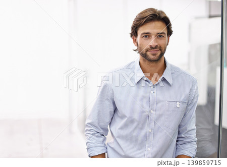Businessman, portrait and happy by glass background as professional, reflection and positive in career in office. Designer, face or smile for creativity in web development or commitment in workplace Businessman, portrait and happy by glass background as professional, reflection and positive in career in office. Designer, face or smile for creativity in web development or commitment in workplace 139859715