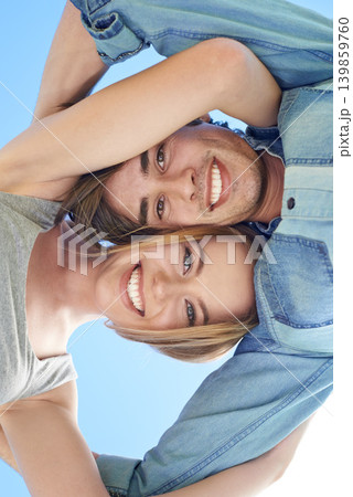Young couple, happy and portrait in nature with love together, below and holiday to travel with blue sky. Man, woman and face on romantic trip with bonding outdoor, care and summer vacation in spain Young couple, happy and portrait in nature with love together, below and holiday to travel with blue sky. Man, woman and face on romantic trip with bonding outdoor, care and summer vacation in spain 139859760