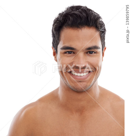 Portrait, skincare or happy man in studio for wellness, treatment or glowing skin on white background. Face, body or mexican model with beauty, care or dermatology, routine or result satisfaction 139859795