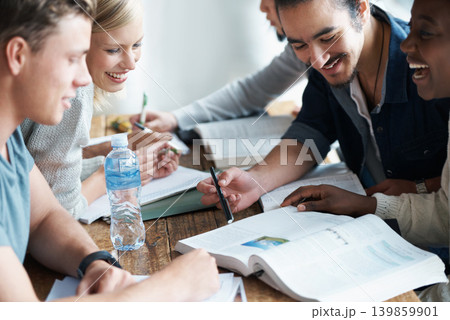 Students, study and book with people learning for education and university, research and information. Scholarship, problem solving and analysis of academic course work with diversity on campus 139859901