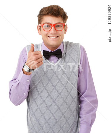 Portrait, thumbs up and glasses with nerd man in studio isolated on white background for agreement. Smile, yes or like with happy and confident young geek in eyewear for success, support or thank you Portrait, thumbs up and glasses with nerd man in studio isolated on white background for agreement. Smile, yes or like with happy and confident young geek in eyewear for success, support or thank you 139859924