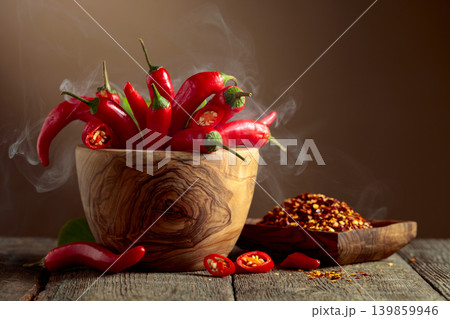 Fresh red chili peppers and dry pepper flakes on an old wooden table. 139859946