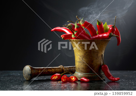 Fresh red chili peppers in old brass mortar on a black table. 139859952