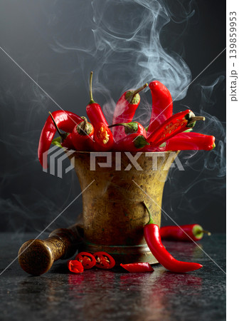 Fresh red chili peppers in old brass mortar on a black table. Fresh red chili peppers in old brass mortar on a black table. 139859953
