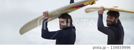 Man, friends and banner of surfer on beach for fitness, sport or waves on shore in outdoor exercise. Portrait of male person or people with surfboard for surfing challenge or hobby by ocean in nature Man, friends and banner of surfer on beach for fitness, sport or waves on shore in outdoor exercise. Portrait of male person or people with surfboard for surfing challenge or hobby by ocean in nature 139859996