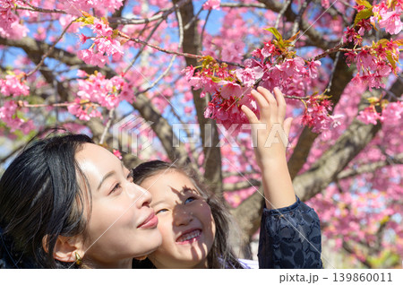河津桜を見上げる親子 139860011